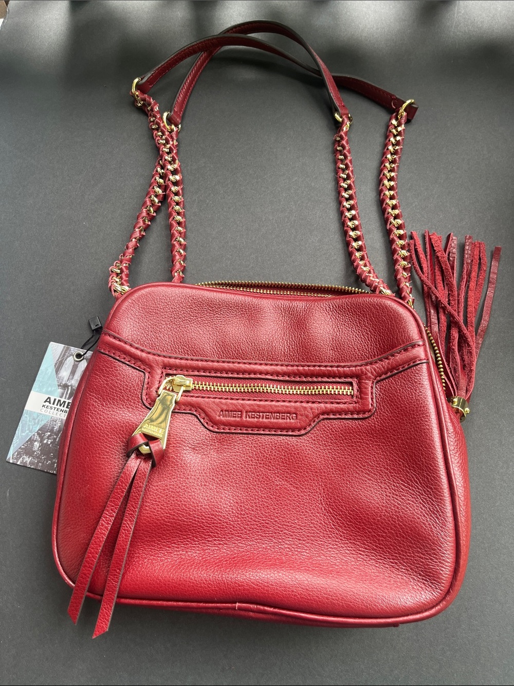 Aimee Kestenberg Red Pebbled Leather Shoulder Bag with Gold Chain Straps